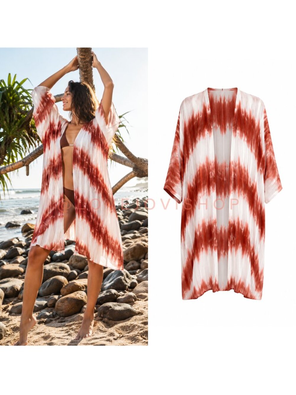 Kimono Beach Cover Up | Rust Coral Tie-Dye | Open Front Intarsia Knit | One Size
